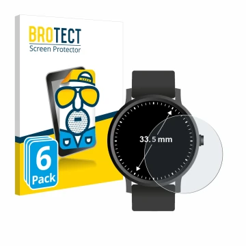 Face avant d’un emballage produit avec le logo de la marque BROTECT. À côté, l’appareil Montres (Circulaire, ø: 33.5 mm) est r