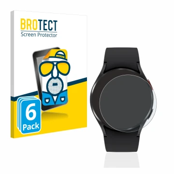 Face avant d’un emballage produit avec le logo de la marque BROTECT. À côté, l’appareil Samsung Galaxy Watch 4 (40mm) est repr