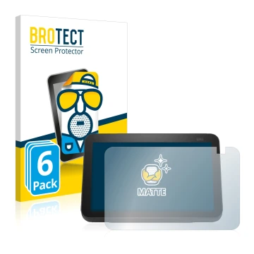 Face avant d’un emballage produit avec le logo de la marque BROTECT. À côté, l’appareil Amazon Echo Show 8 2021 (2e Gen.) est 