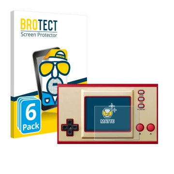 Face avant d’un emballage produit avec le logo de la marque BROTECT. À côté, l’appareil Nintendo Game & Watch Super Mario Bros