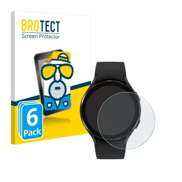 Face avant d’un emballage produit avec le logo de la marque BROTECT. À côté, l’appareil Samsung Galaxy Watch 4 (44mm) est repr