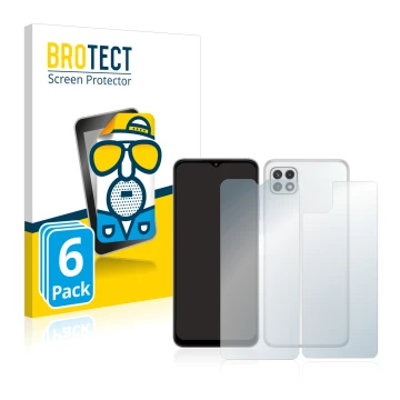 Face avant d’un emballage produit avec le logo de la marque BROTECT. À côté, l’appareil Samsung Galaxy A22 5G (Avant+Arrière) 