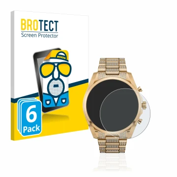 Face avant d’un emballage produit avec le logo de la marque BROTECT. À côté, l’appareil Michael Kors Access Gen 6 Bradshaw est
