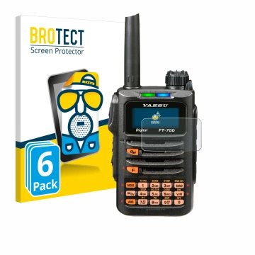 Face avant d’un emballage produit avec le logo de la marque BROTECT. À côté, l’appareil Yaesu FT-70DR est représenté avec la p