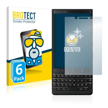 Face avant d’un emballage produit avec le logo de la marque BROTECT. À côté, l’appareil BlackBerry Key2 (Dual Sim) est représe