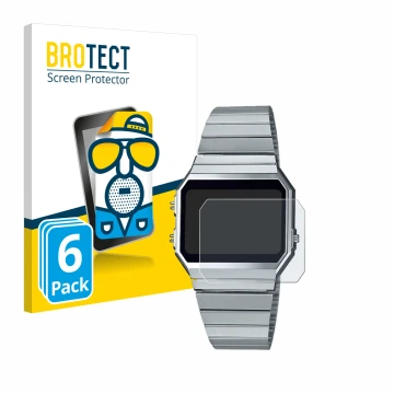 Face avant d’un emballage produit avec le logo de la marque BROTECT. À côté, l’appareil Casio A700WE est représenté avec la pr