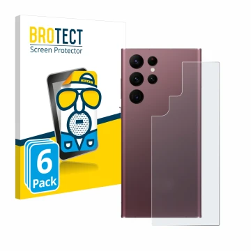 Face avant d’un emballage produit avec le logo de la marque BROTECT. À côté, l’appareil Samsung Galaxy S22 Ultra 5G (Arrière) 