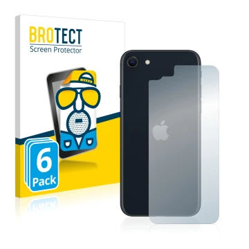 Face avant d’un emballage produit avec le logo de la marque BROTECT. À côté, l’appareil Apple iPhone SE 3 2022 (Arrière) est r
