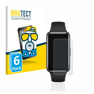 Face avant d’un emballage produit avec le logo de la marque BROTECT. À côté, l’appareil Huawei Band 7 est représenté avec la p