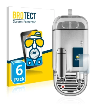 Face avant d’un emballage produit avec le logo de la marque BROTECT. À côté, l’appareil Sage Nespresso Creatista Pro est repré