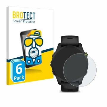 Face avant d’un emballage produit avec le logo de la marque BROTECT. À côté, l’appareil Garmin Forerunner 255 Music est représ