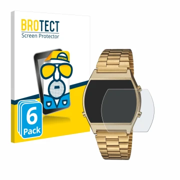 Face avant d’un emballage produit avec le logo de la marque BROTECT. À côté, l’appareil Casio Retro B640WB est représenté avec