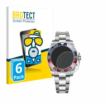Face avant d’un emballage produit avec le logo de la marque BROTECT. À côté, l’appareil Rolex GMT-Master II est représenté ave