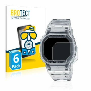 Face avant d’un emballage produit avec le logo de la marque BROTECT. À côté, l’appareil Casio G-Shock DW-5600SKE-7 est représe