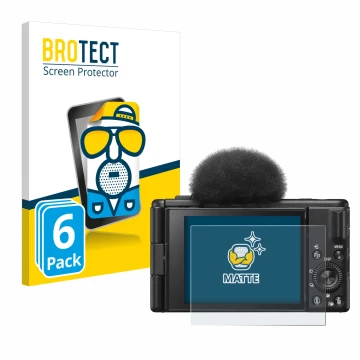 Face avant d’un emballage produit avec le logo de la marque BROTECT. À côté, l’appareil Sony ZV-1F est représenté avec la prot