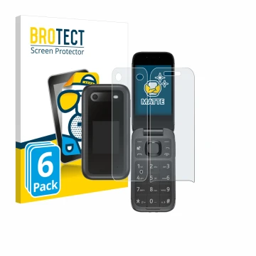 Face avant d’un emballage produit avec le logo de la marque BROTECT. À côté, l’appareil Nokia 2660 Flip (Avant+Arrière) est re