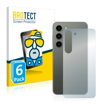 Face avant d’un emballage produit avec le logo de la marque BROTECT. À côté, l’appareil Samsung Galaxy S23 (Arrière) est repré