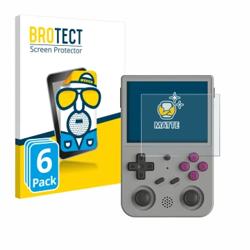Face avant d’un emballage produit avec le logo de la marque BROTECT. À côté, l’appareil Anbernic RG353V est représenté avec la