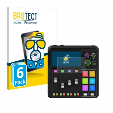 Face avant d’un emballage produit avec le logo de la marque BROTECT. À côté, l’appareil Rode Rodecaster Duo est représenté ave