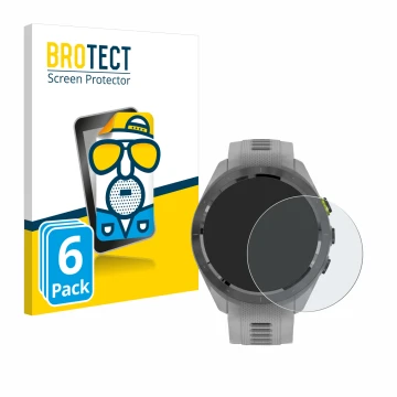 Face avant d’un emballage produit avec le logo de la marque BROTECT. À côté, l’appareil Garmin Approach S70 (42 mm) est représ