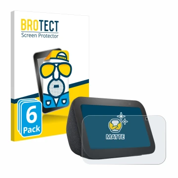 Face avant d’un emballage produit avec le logo de la marque BROTECT. À côté, l’appareil Amazon Echo Show 5 (3ème Gen.) est rep