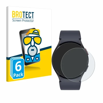 Face avant d’un emballage produit avec le logo de la marque BROTECT. À côté, l’appareil Samsung Galaxy Watch 6 (44 mm) est rep