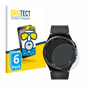 Face avant d’un emballage produit avec le logo de la marque BROTECT. À côté, l’appareil Samsung Galaxy Watch 6 Classic (43 mm)
