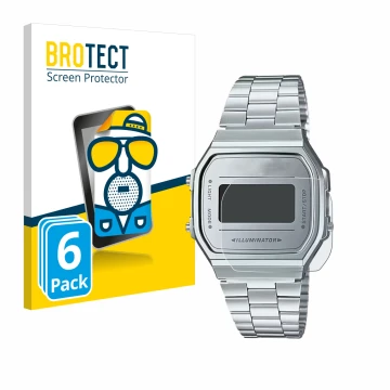 Face avant d’un emballage produit avec le logo de la marque BROTECT. À côté, l’appareil Casio A168WEM-7EF est représenté avec 