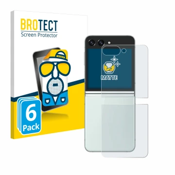 Face avant d’un emballage produit avec le logo de la marque BROTECT. À côté, l’appareil Samsung Galaxy Z Flip 5 (Arrière) est 
