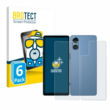 Face avant d’un emballage produit avec le logo de la marque BROTECT. À côté, l’appareil Sony Xperia 5 V (Avant+Arrière) est re