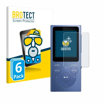 Face avant d’un emballage produit avec le logo de la marque BROTECT. À côté, l’appareil Sony Walkman NW-E394 est représenté av