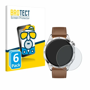 Face avant d’un emballage produit avec le logo de la marque BROTECT. À côté, l’appareil Huawei Watch GT 4 (46mm) est représent