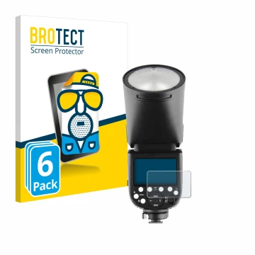 Face avant d’un emballage produit avec le logo de la marque BROTECT. À côté, l’appareil Godox V1 est représenté avec la protec