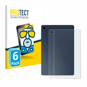 Face avant d’un emballage produit avec le logo de la marque BROTECT. À côté, l’appareil Samsung Galaxy Tab A9 Plus WiFi (Arriè