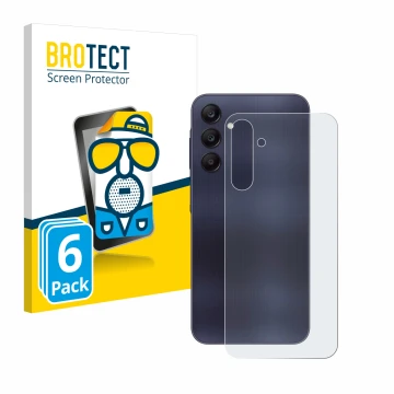 Face avant d’un emballage produit avec le logo de la marque BROTECT. À côté, l’appareil Samsung Galaxy A25 5G (Arrière) est re