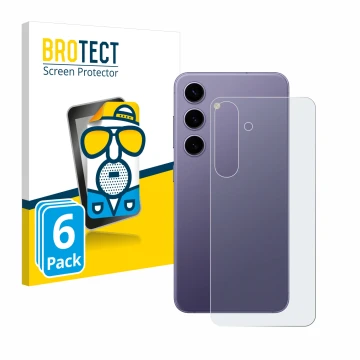 Face avant d’un emballage produit avec le logo de la marque BROTECT. À côté, l’appareil Samsung Galaxy S24 (Arrière) est repré