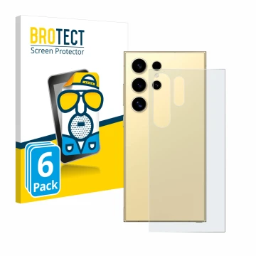 Face avant d’un emballage produit avec le logo de la marque BROTECT. À côté, l’appareil Samsung Galaxy S24 Ultra (Arrière) est