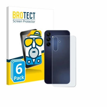 Face avant d’un emballage produit avec le logo de la marque BROTECT. À côté, l’appareil Samsung Galaxy A15 5G (Arrière) est re