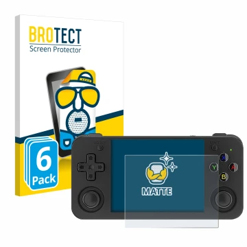 Face avant d’un emballage produit avec le logo de la marque BROTECT. À côté, l’appareil Anbernic RG35XX H est représenté avec 