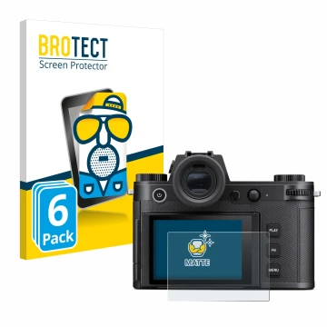Face avant d’un emballage produit avec le logo de la marque BROTECT. À côté, l’appareil Leica SL3 est représenté avec la prote