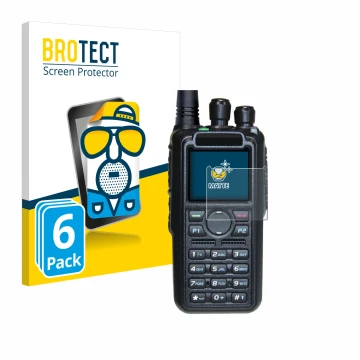 Face avant d’un emballage produit avec le logo de la marque BROTECT. À côté, l’appareil AnyTone AT-D878UV II Plus est représen
