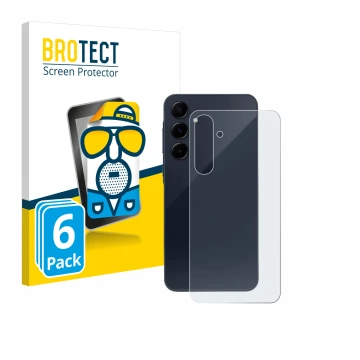 Face avant d’un emballage produit avec le logo de la marque BROTECT. À côté, l’appareil Samsung Galaxy A55 5G (Arrière) est re
