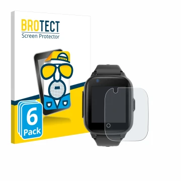 Face avant d’un emballage produit avec le logo de la marque BROTECT. À côté, l’appareil Leotec Kids Allo Plus 4G est représent
