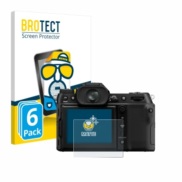 Face avant d’un emballage produit avec le logo de la marque BROTECT. À côté, l’appareil Fujifilm GFX100S II est représenté ave