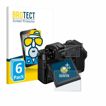 Face avant d’un emballage produit avec le logo de la marque BROTECT. À côté, l’appareil Fujifilm GFX100S II (Affichage + affic