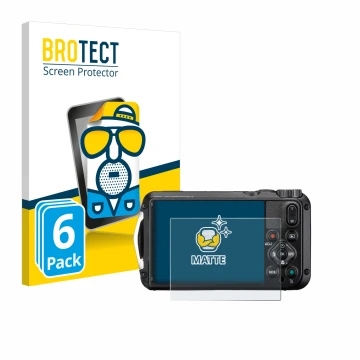 Face avant d’un emballage produit avec le logo de la marque BROTECT. À côté, l’appareil Ricoh Pentax WG-8 est représenté avec 