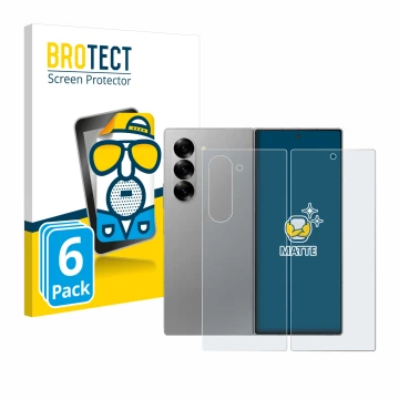 Face avant d’un emballage produit avec le logo de la marque BROTECT. À côté, l’appareil Samsung Galaxy Z Fold 6 5G (Avant+Arri