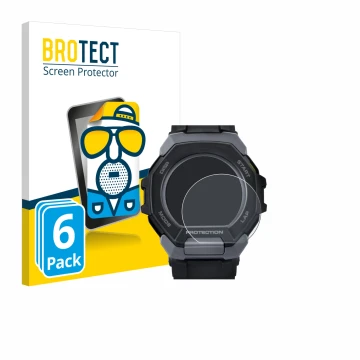 Face avant d’un emballage produit avec le logo de la marque BROTECT. À côté, l’appareil Casio G-Shock G-Squad GBD-300 est repr