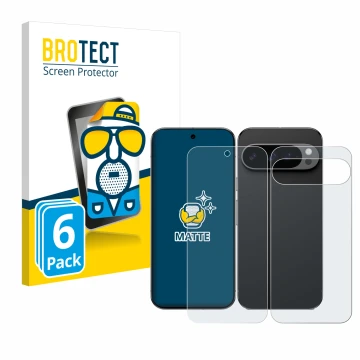 Face avant d’un emballage produit avec le logo de la marque BROTECT. À côté, l’appareil Google Pixel 9 Pro XL (Avant+Arrière) 