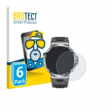 Face avant d’un emballage produit avec le logo de la marque BROTECT. À côté, l’appareil Smartwatch V69 1.85